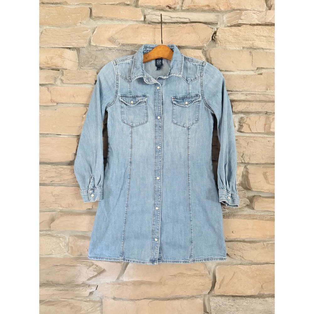 Gap Kids Girls Light Wash Denim Western Snap Front Shirt Dress Size L 10-11